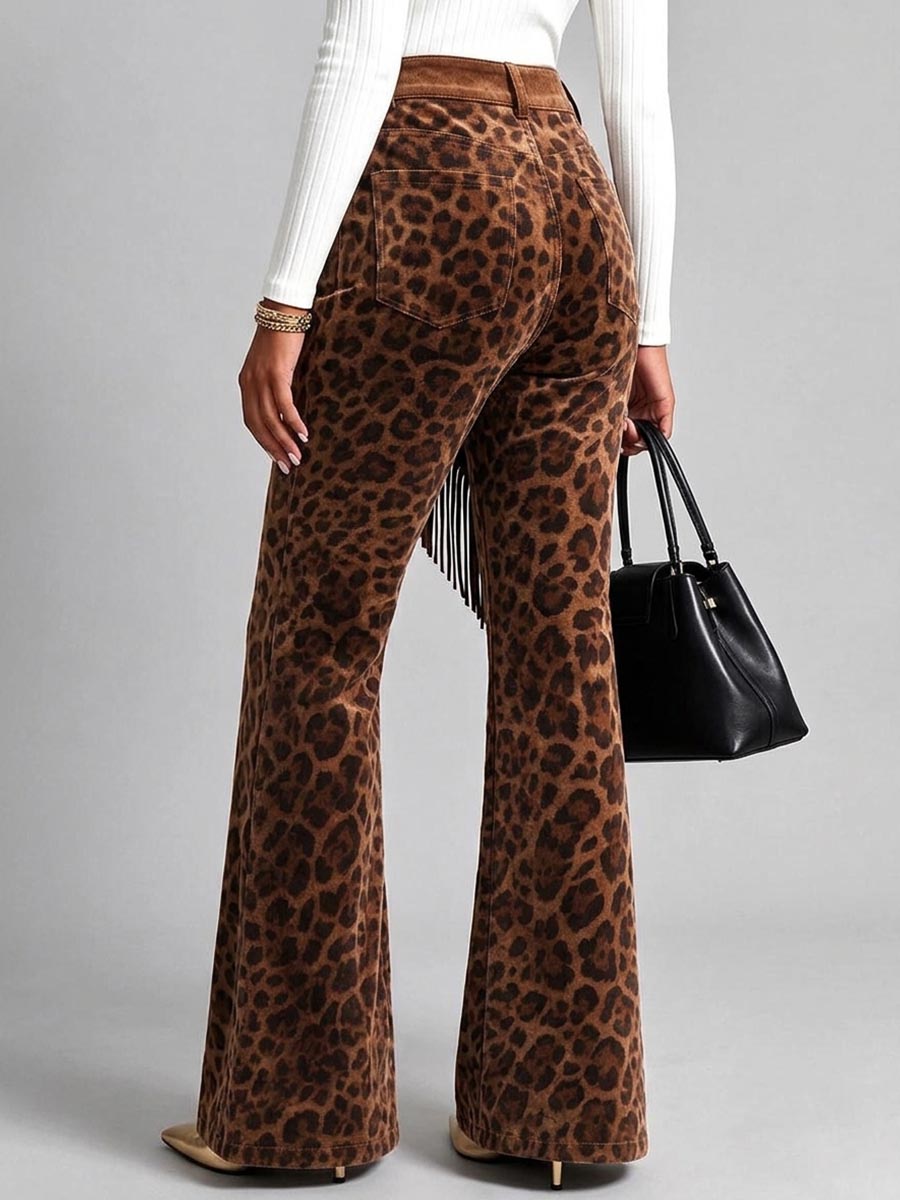 Women's Leopard Print Flare Pants With Asymmetrical Fringe