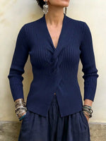 Twist-front V-neck Ribbed Slim-fit Knit Top