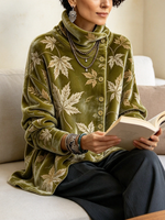 Chic Maple Leaf Print Velvet Asymmetric Fall Winter Pullover Top