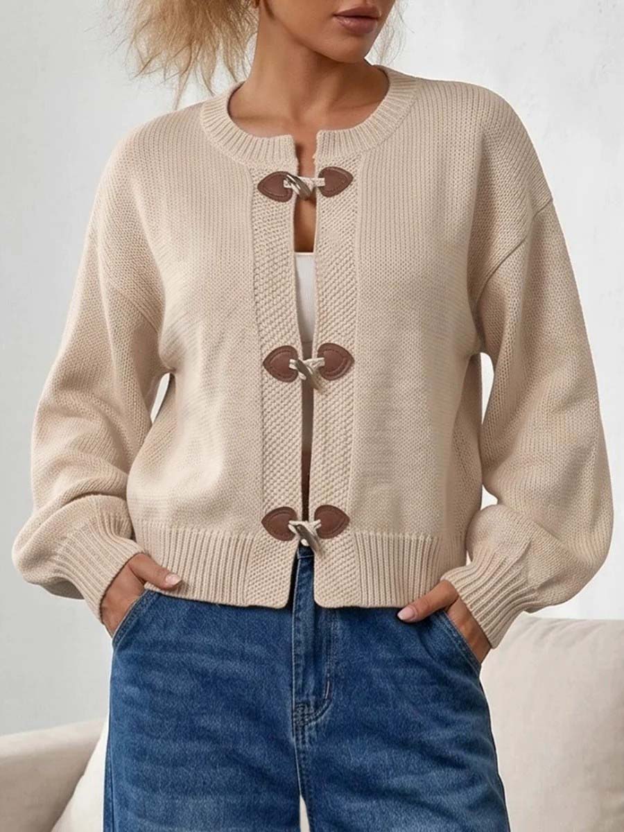 Women's Solid Color Crew Neck Long-sleeve Loose-fit Knit Cardigan