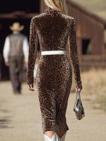 Women's Leopard Print Collared Long-sleeve Loose-fit Casual Velour Dress