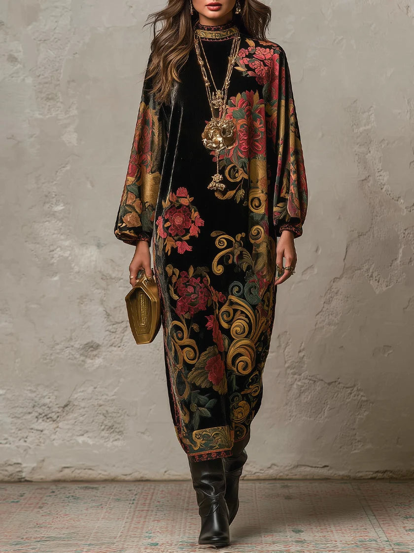 Vintage-style Printed Velvet Midi Dress