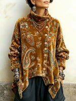 Velvet High-neck Top Featuring A Paisley Pattern And An Asymmetrical Button-front Design