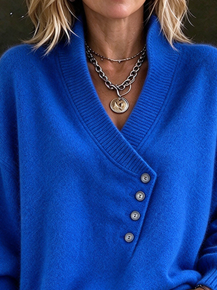 Vibrant Blue Asymmetric Button Knit Sweater