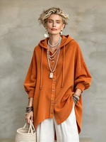 Relaxed Oversized Textured Orange Hooded Button-down Shirt