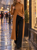 Chic Long-line Knit Top With A Wrap-style High Neck