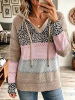 Women's Color-blocked Leopard Print V-neck Long-sleeved Casual Loose Hooded Knit Pullover
