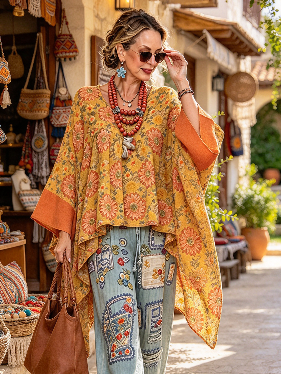 Bohemian Relaxed Flowy Daisy Print Loose Top