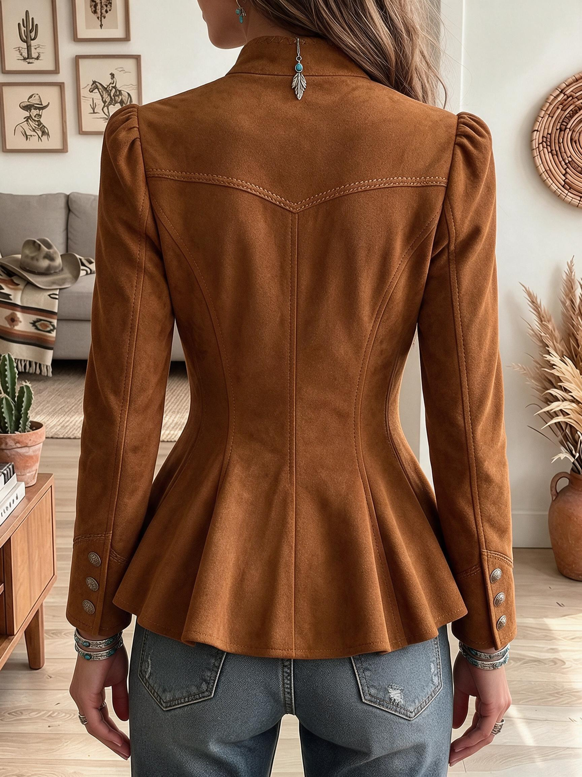 Women's Western Faux Suede Asymmetric Button Peplum Jacket