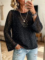 Sequin-embellished Openwork Crochet Knit Top With Flared Long Sleeves