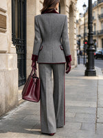 Vintage-elegant Herringbone Wool-blend Wide-leg Trousers