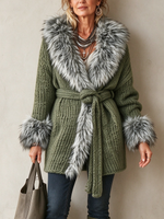 Chic Luxurious Faux Fur Trim Belted Cardigan Jacket
