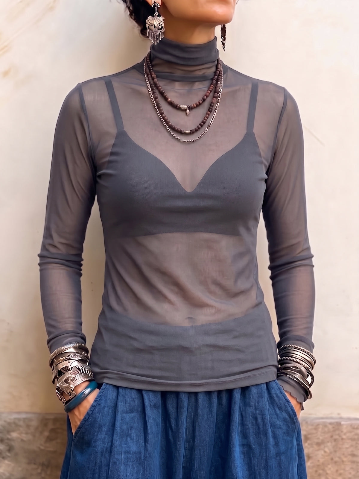 Chic Sheer Mock-Neck Mesh Top
