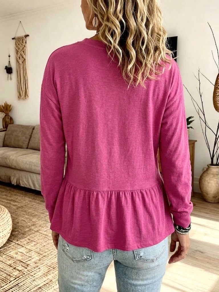 Loose-fit Long-sleeve T-shirt With A Crew Neck, Dropped Shoulders, And A Ruffled Hem