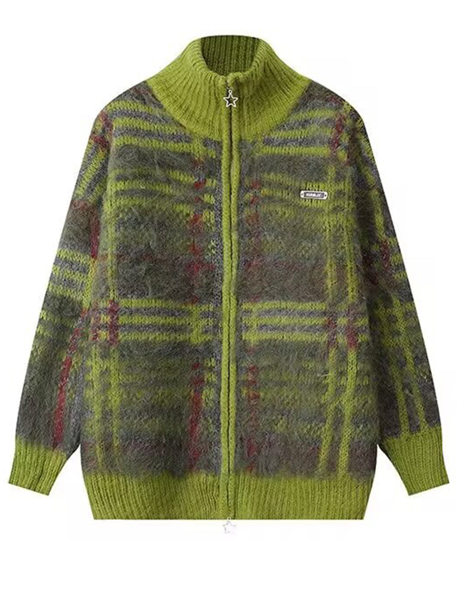 Checkered Plush Mohair-blend Zip-up Cardigan