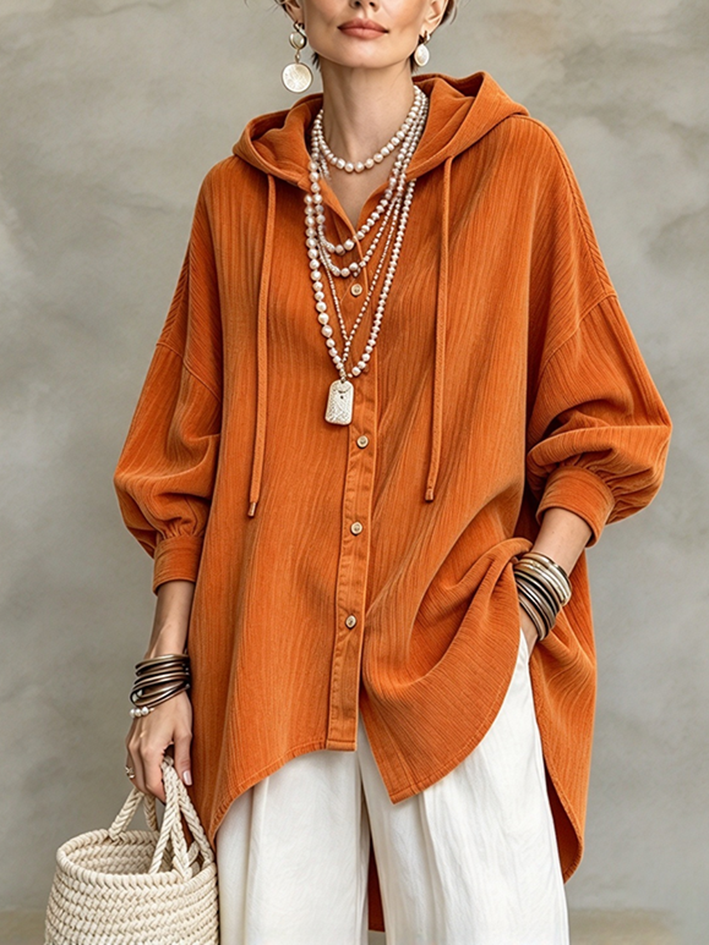 Relaxed Oversized Textured Orange Hooded Button-down Shirt
