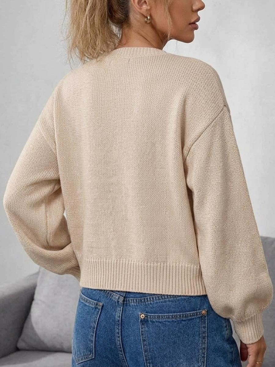 Women's Solid Color Crew Neck Long-sleeve Loose-fit Knit Cardigan