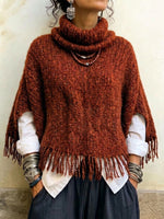 Turtleneck Fringe Knit Cape-style Top