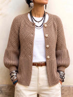 Women's Textured Knit Lantern Sleeve Cardigan With Pearl Buttons