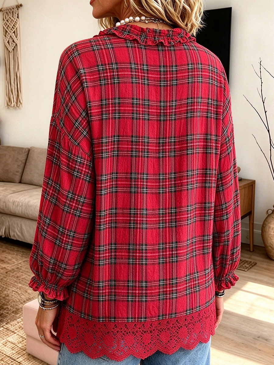 Casual Ruffled V-neckline Plaid Lace-trim Cozy Blouse