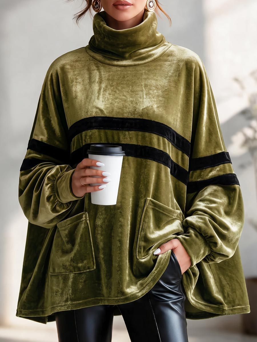 Women's Loose-fit Velvet Top With Stand Collar, Long Sleeves, And Contrast Trim