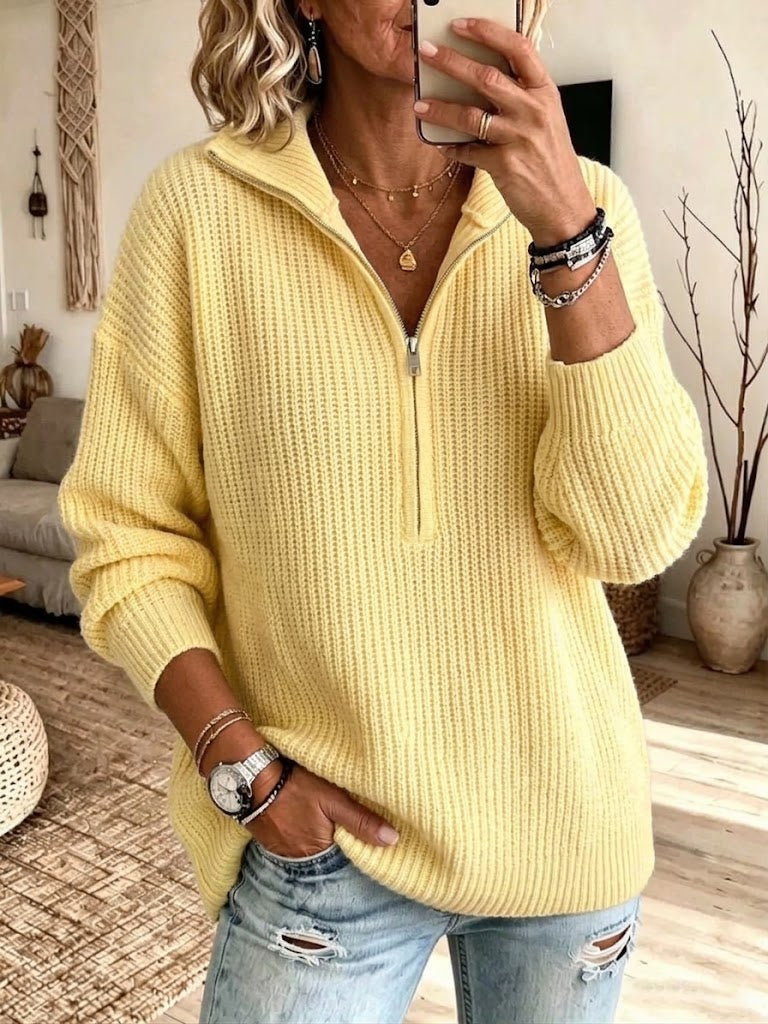 Half-zip, Ribbed-knit, Loose-fit Sweater With A Fold-over Collar