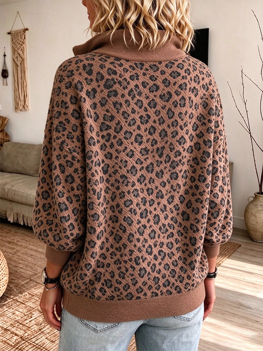Casual Leopard-print Half-zip Knit Top