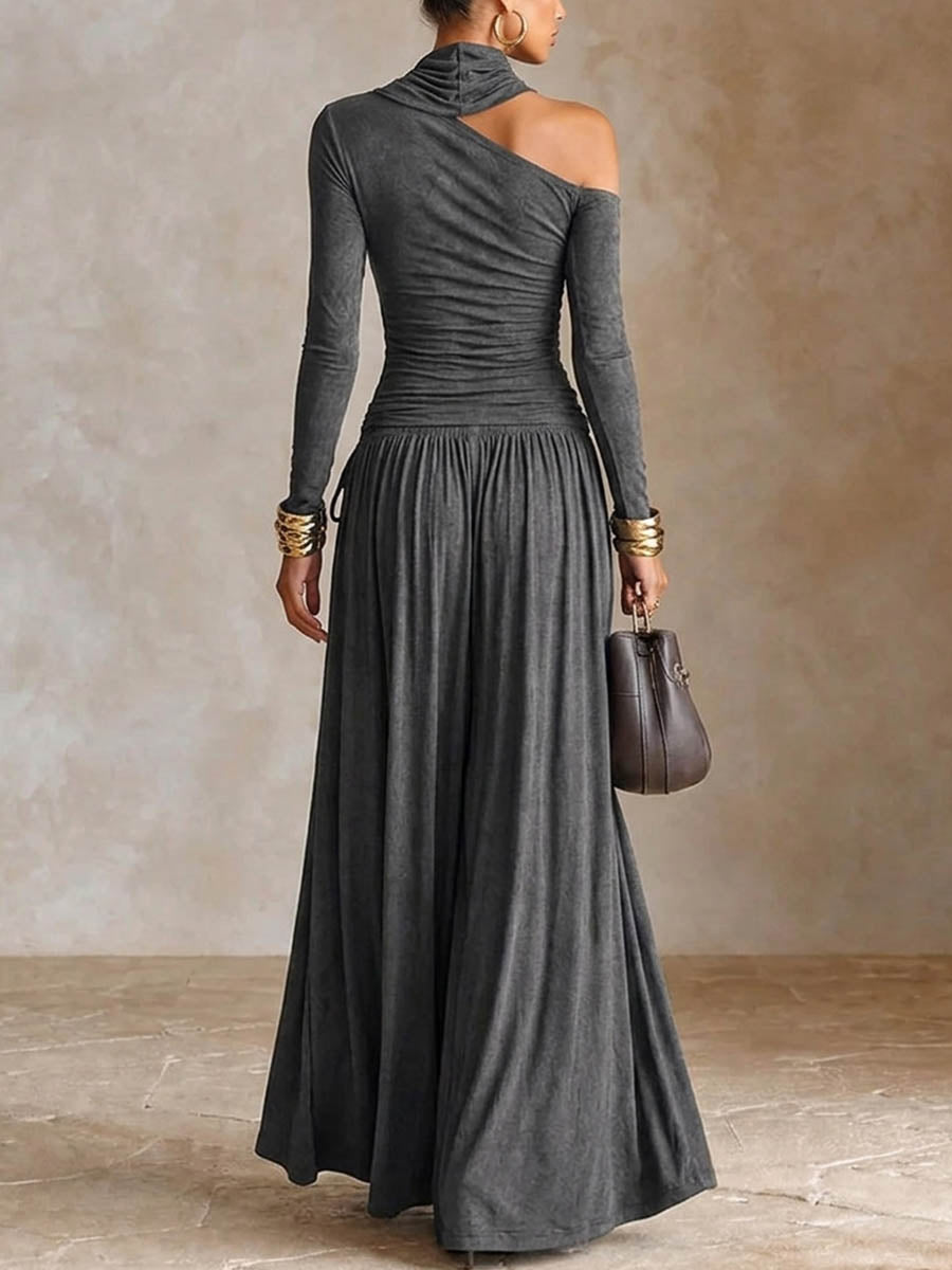 Women's Asymmetrical Off-shoulder Long Sleeve Maxi Dress With Tie Waist