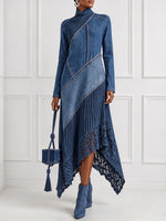 Asymmetric Pleated Patchwork Denim Maxi Dress