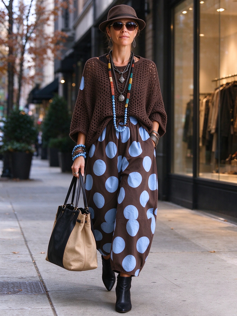 Chic Fall Winter Polka Dot Casual Wide Leg Pants