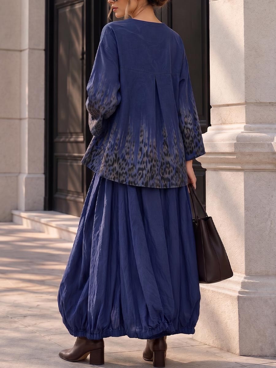 Women's Cotton-linen Set: Gradient Leopard Print V-neck Long-sleeve Loose Casual Top & High-waisted Slim-fit Loose Skirt