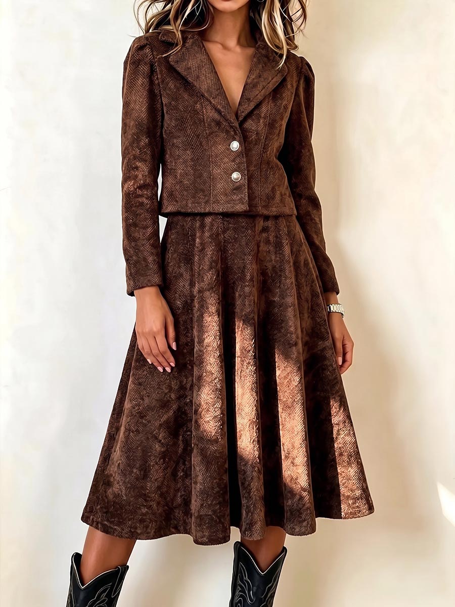 Women's Textured Cropped Blazer And A-line Midi Skirt Set