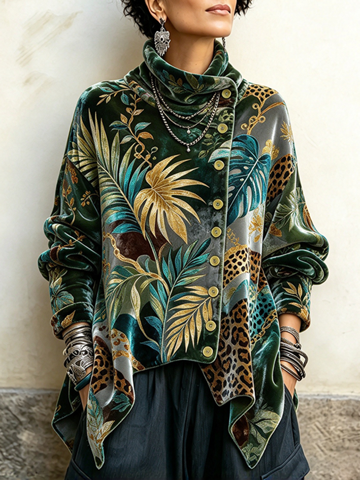 Chic Tropical Palm And Leopard Print Asymmetrical Turtleneck Top