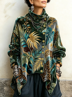 Chic Tropical Palm And Leopard Print Asymmetrical Turtleneck Top