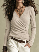 Women's Ribbed Knit Faux Wrap V-neck Ruched Long Sleeve Top