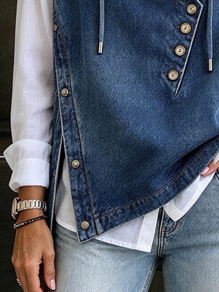 Stylish Casual Asymmetric Button Neck Denim Hooded