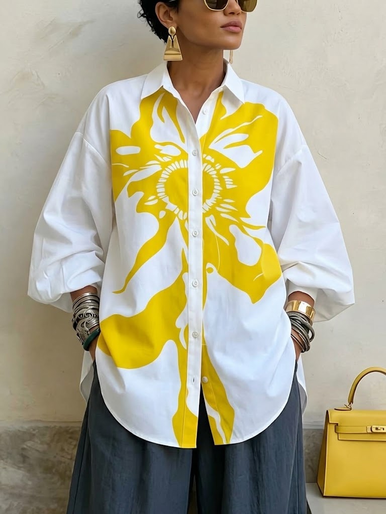 Abstract Floral Print Lantern-sleeve Loose-fit Drop-shoulder Long-sleeve Shirt