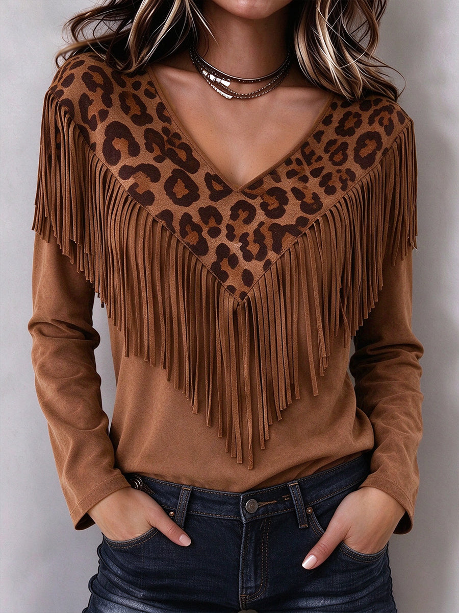 Chic Western-style Leopard Print Faux-suede Top With Fringe