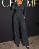 Chic Shimmer Knit Draped-neck Two-piece Pant Set