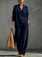 Women's Ribbed Knit Two-piece Lounge Set With Asymmetrical Buttons