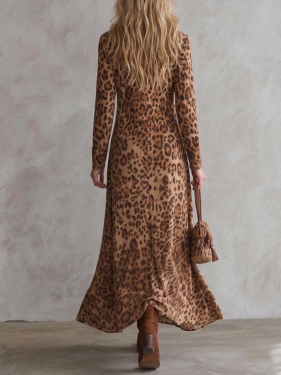 Women's Leopard Print Long Sleeve Fringe Maxi Dress