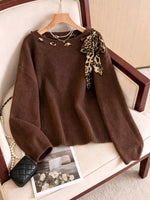 Chic Leopard-print Bow-accented Loose-fit Knit Top