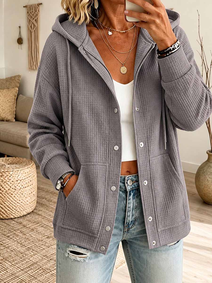 Women's Red Waffle Knit Button-Down Hoodie