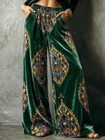 Bohemian-style Ornate-print Velvet Wide-leg Trousers With An Elasticated Waist