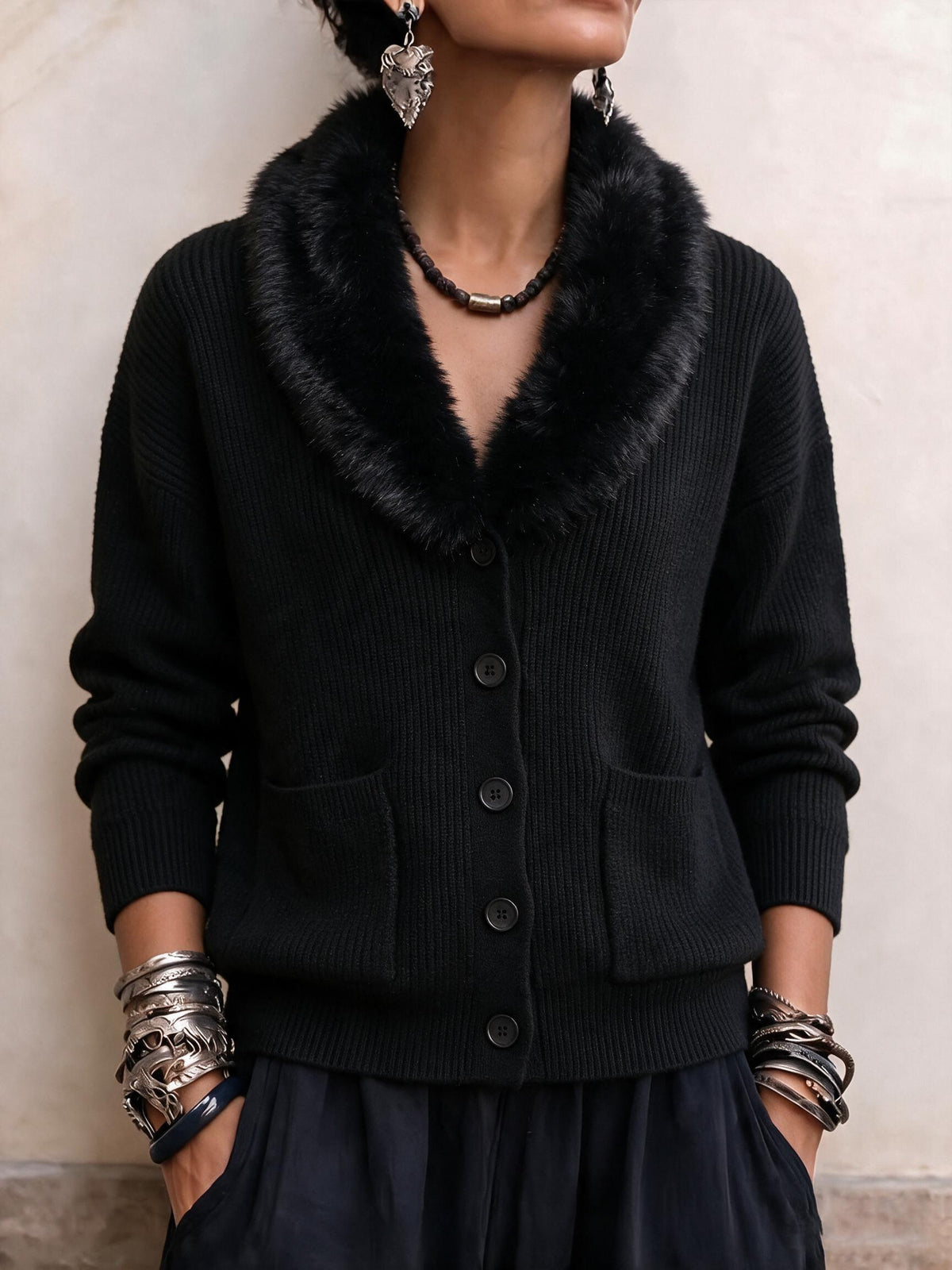 Vintage Faux Fur Collar Grey Knit Cardigan with Pockets