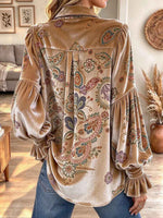 Women's Boho Floral Velvet Button-Down Shirt with Ruffled Flounce Sleeves