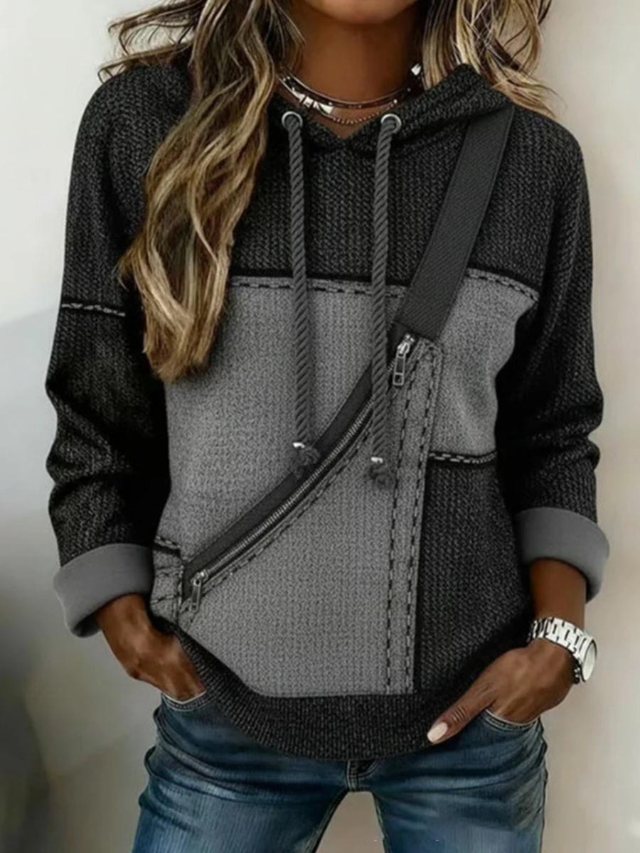 Women's Autumn/Winter 3D Digital Print Faux Knit Color Block Hoodie with Trompe l'œil Zipper