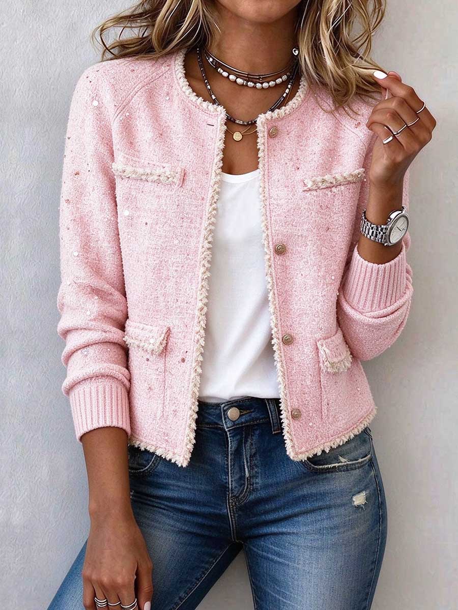 Women's Pink Tweed Button-Down Jacket with Frayed Edges