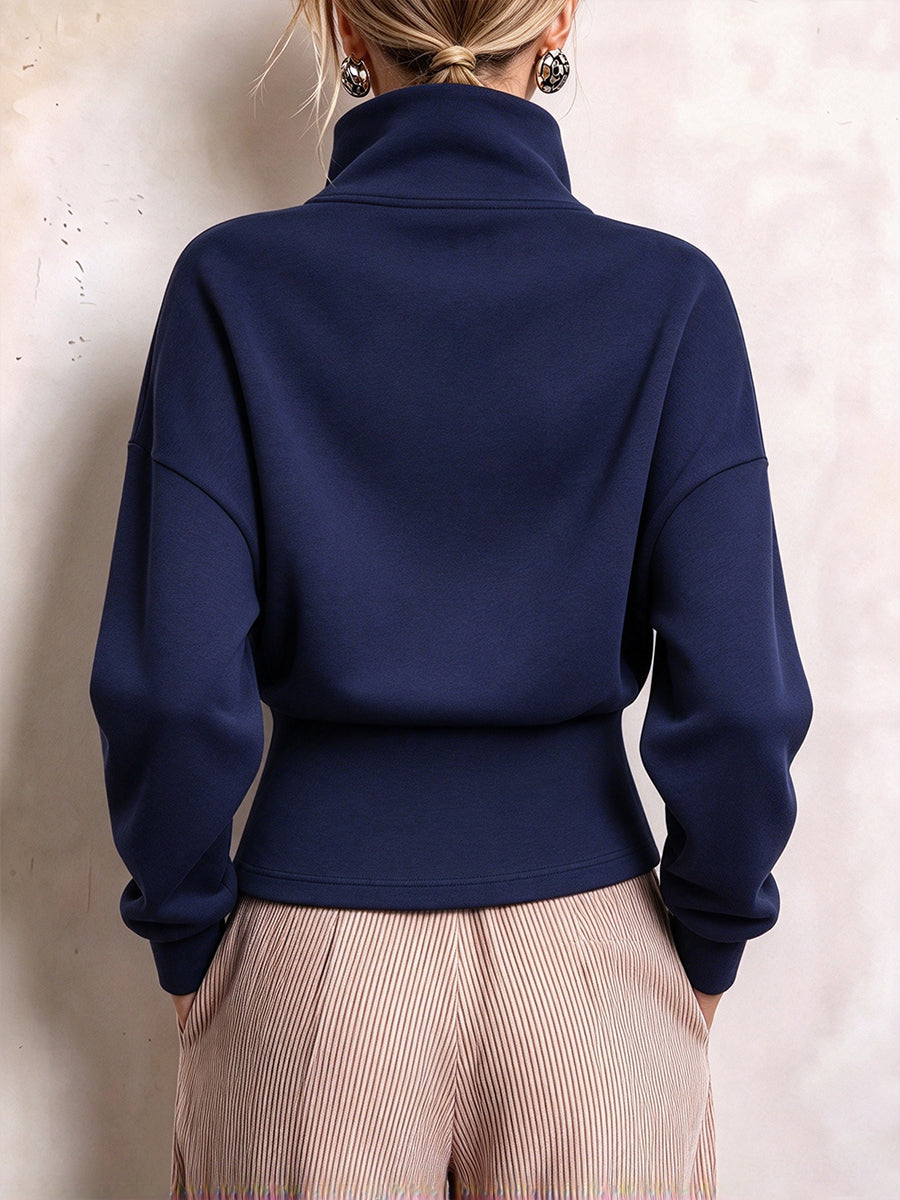 Asymmetric Diagonal-Zip High-Neck Sweatshirt