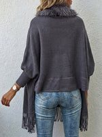Faux Fur Collar Fringe Knit Cardigan
